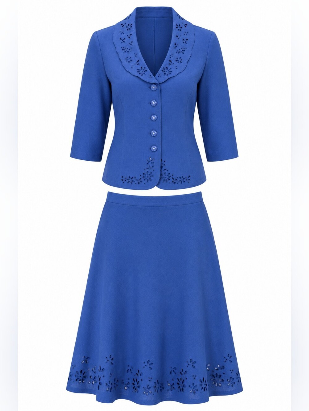 TanJay Vintage Royal Blue Office Formal Retro Two-Piece Eyelet Trim Skirt Set 8P